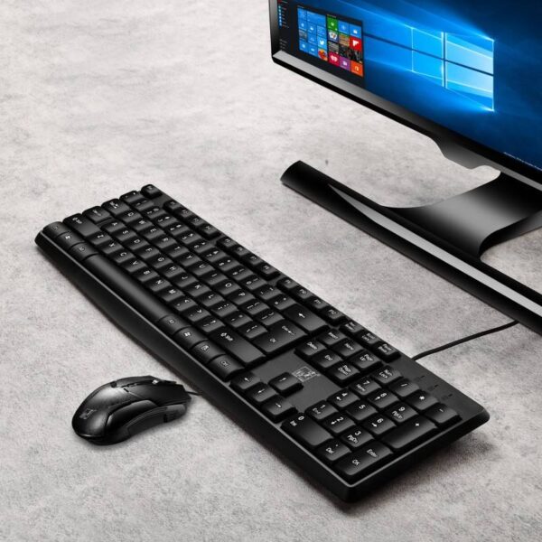 Full-size wired keyboard and optical mouse